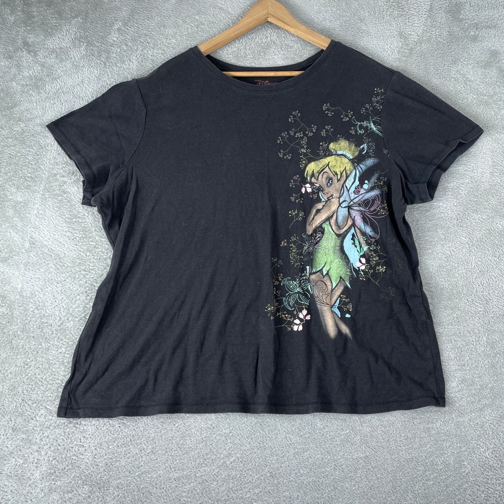 Disney Tinker Bell Shirt Womens 3XL Black Floral Fairycore Pixie Cotton Tee